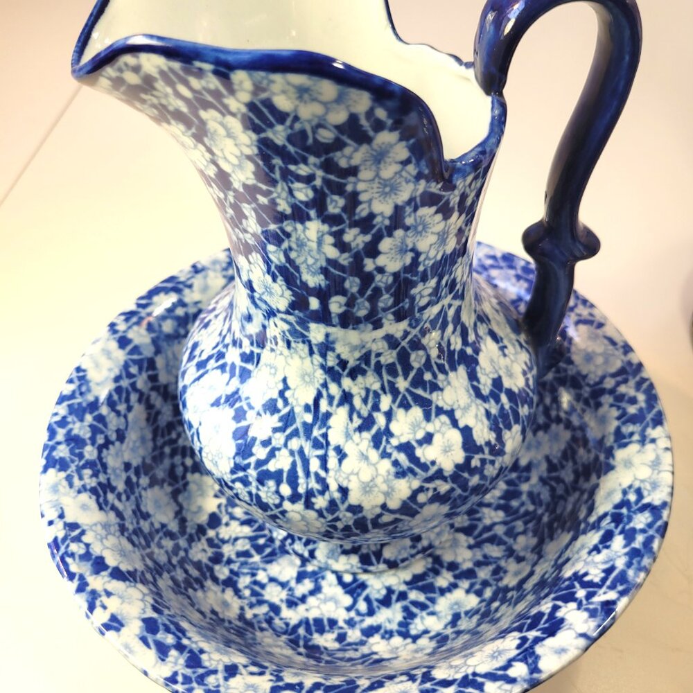 Victoria Ware Ironstone Flow Blue Pitcher and Bowl Set Vintage Reproduction 1990